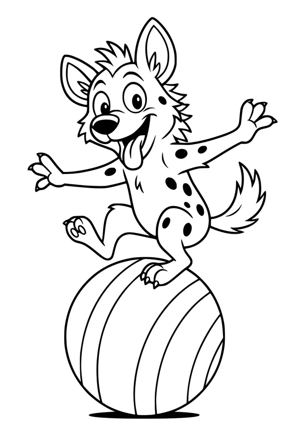 Free Hyena Coloring Page - Circus Balancing Act on Striped Ball (Printable PDF)