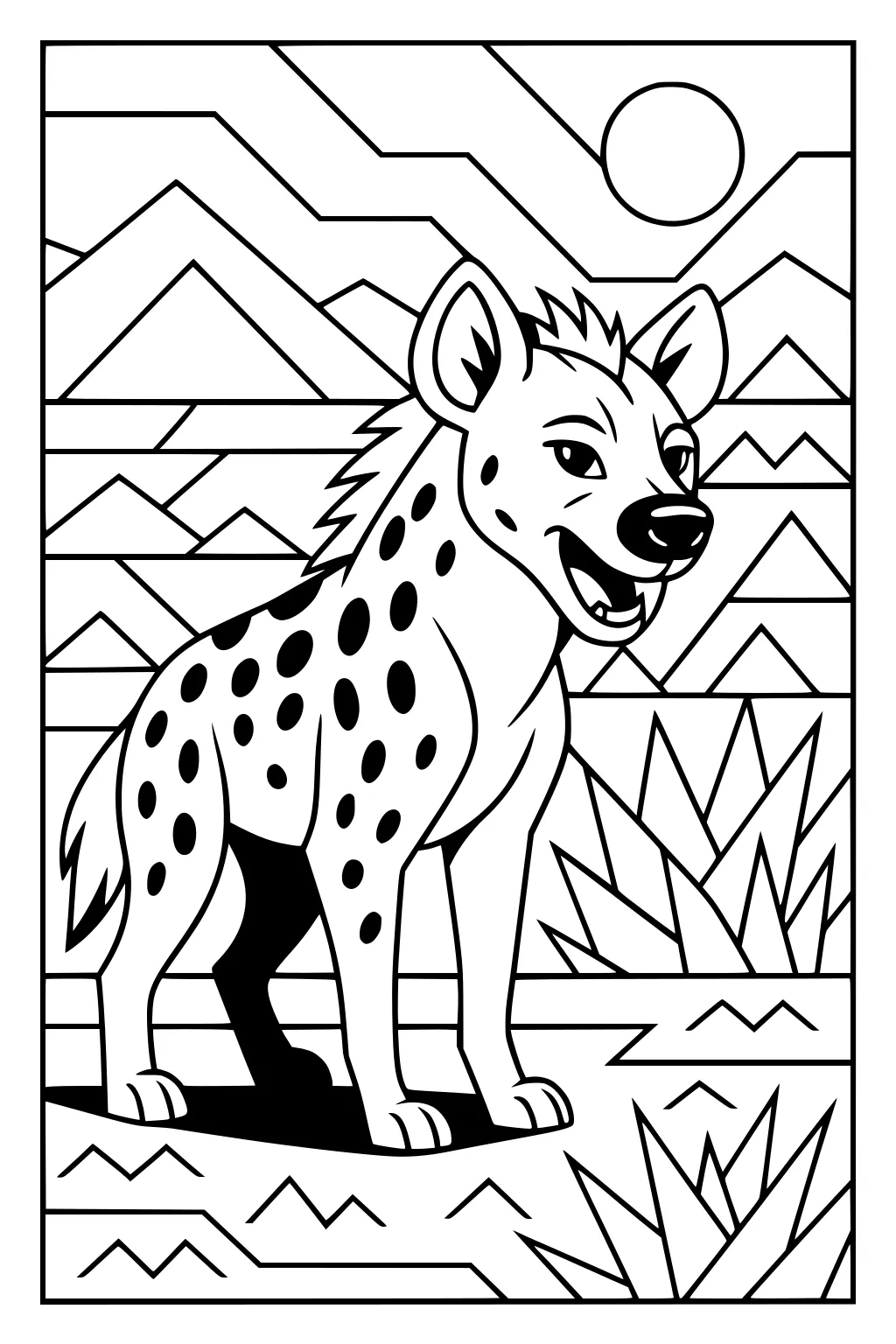 Spotted hyena stands in grassy field, facing forward, with mountains and sun in the background.