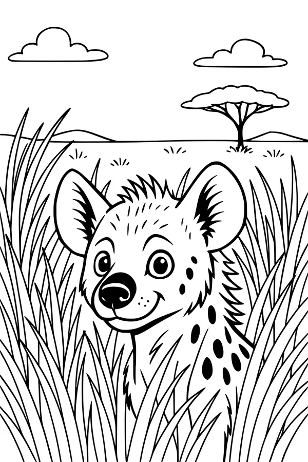 Free Hyena Coloring Page - Smiling Cartoon in Tall Savanna Grass (Printable PDF)