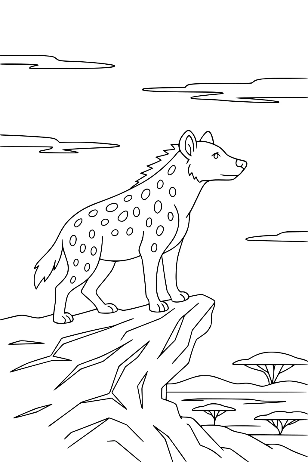 Spotted hyena stands on cliff with raised head. Savanna trees and clouds in background.