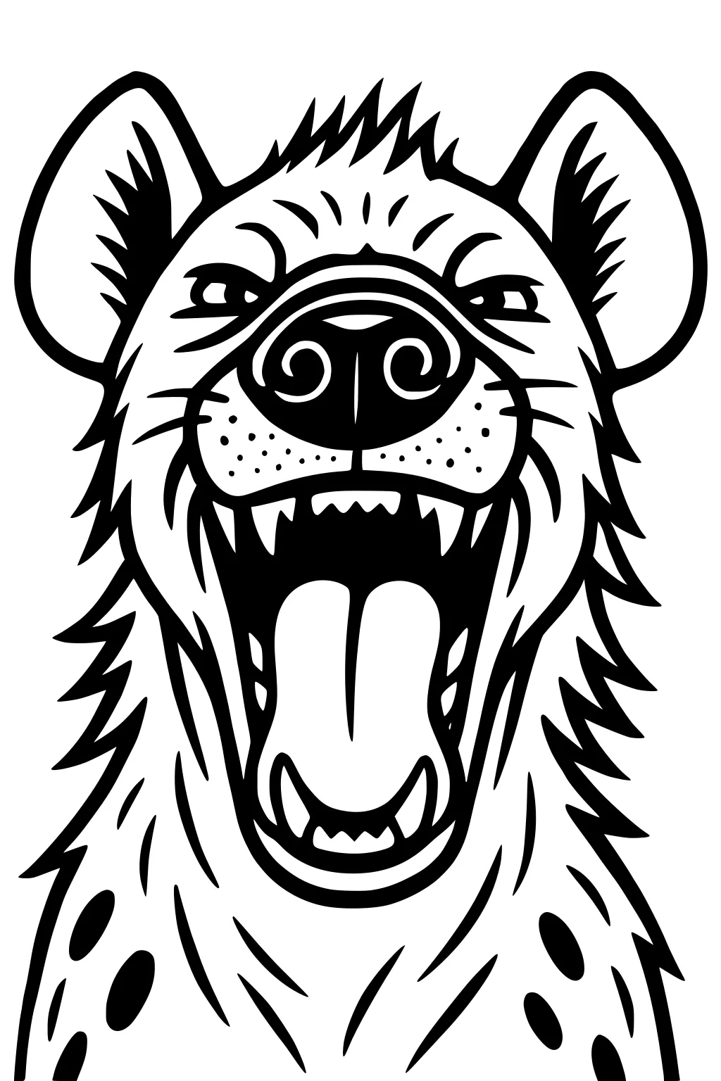 Hyena face with mouth wide open, big teeth, pointy ears, round nose, and spotted fur pattern in black outline.