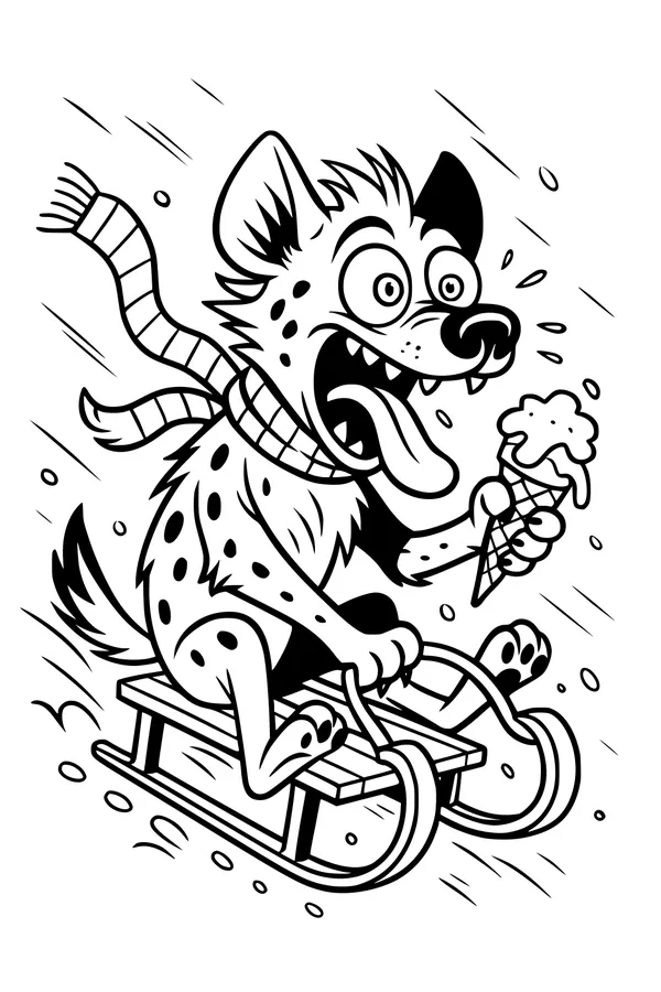 Free Hyena Coloring Page - Winter Sled Ride With Ice Cream (Printable PDF)