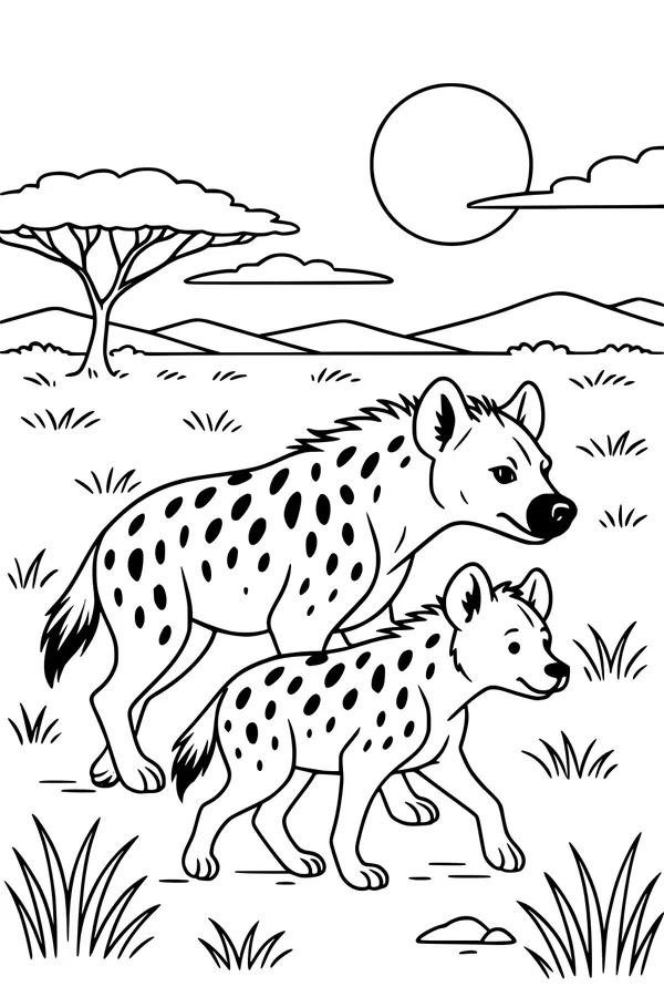 Free Hyena Coloring Page - Spotted Hyenas Walking in the Savanna (Printable PDF)