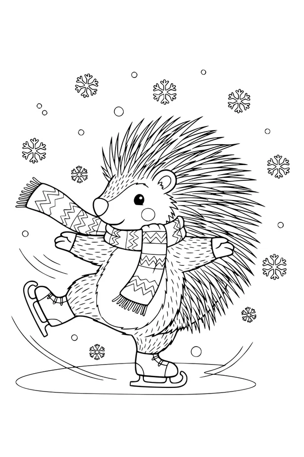 Free Porcupine Coloring Page - Skating in a Snowy Winter Scene (Printable PDF)