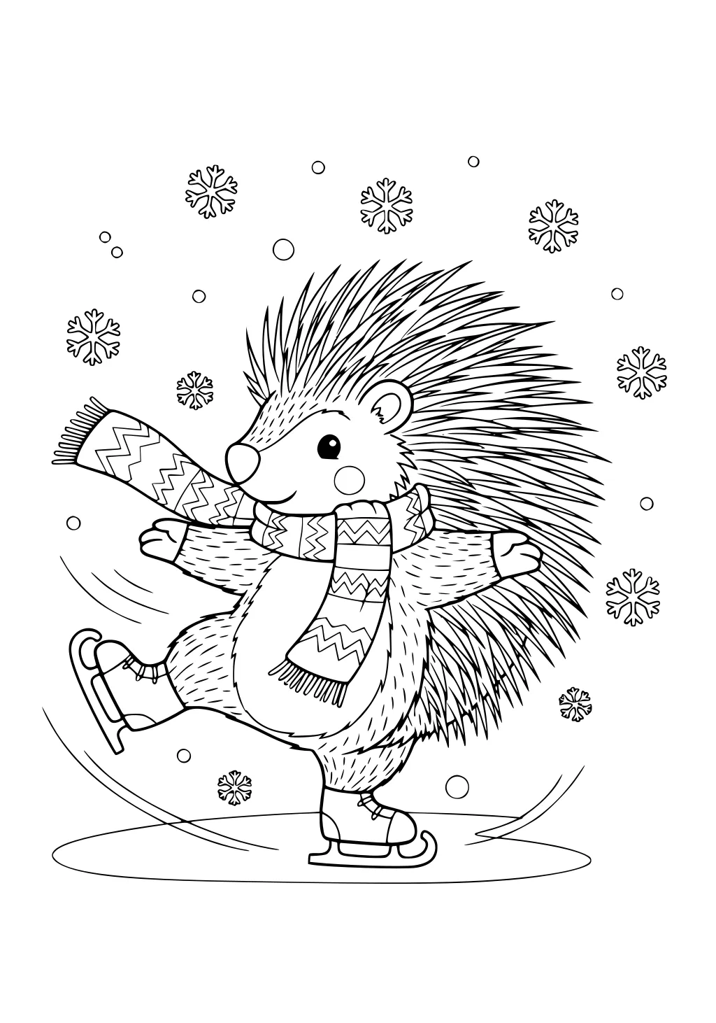 Porcupine wearing scarf ice skating on one foot, surrounded by snowflakes and swirling motion lines.