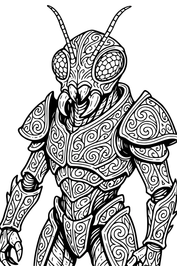 Free Alien Warrior Coloring Page - Armored Star Beetle Guardian (Printable PDF)