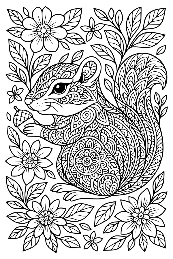 Free Chipmunk Coloring Page - Patterned Chipmunk in Flower Garden (Printable PDF)