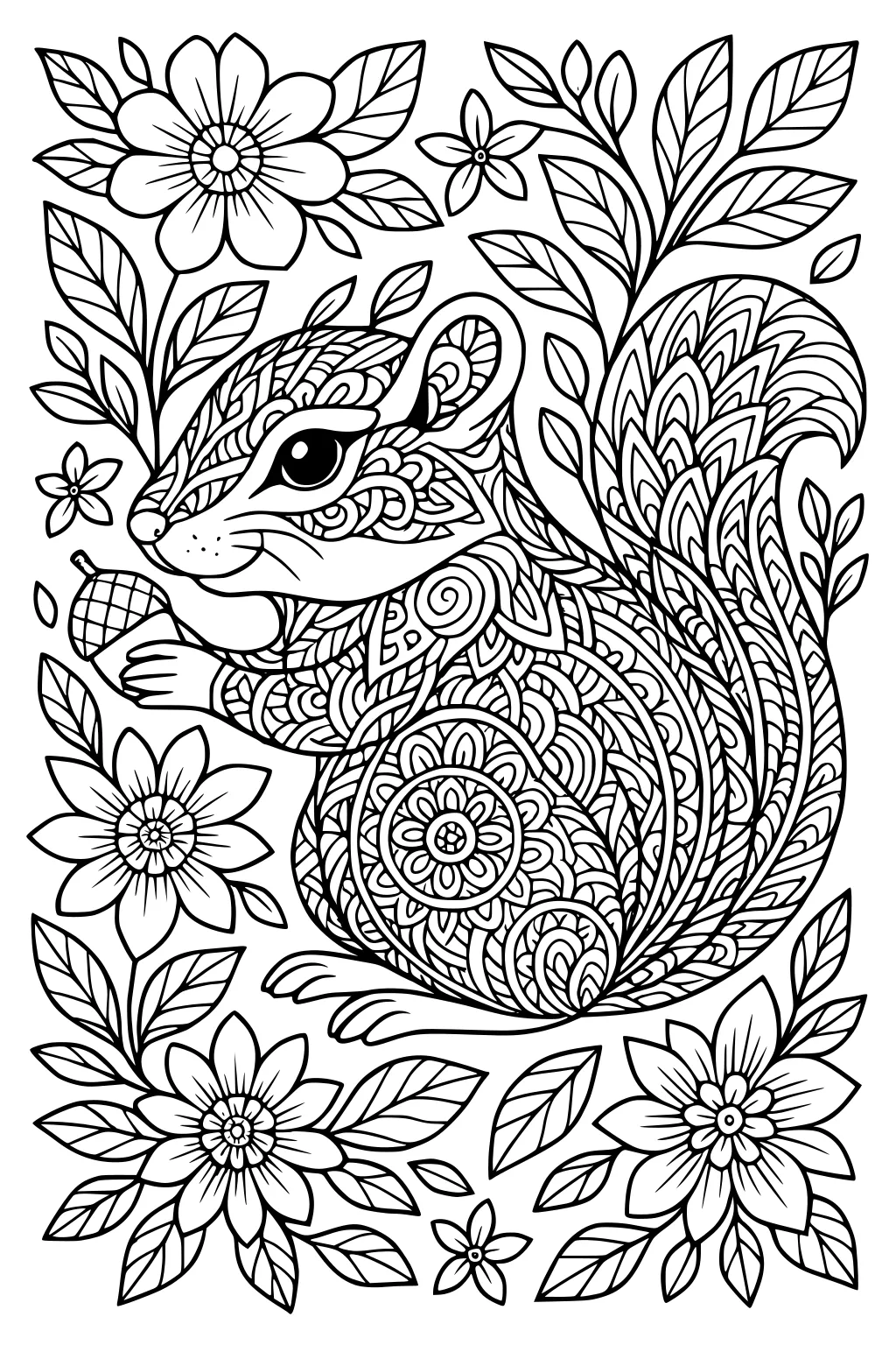 Chipmunk with patterned fur holding an acorn, sitting among large flowers and leafy stems, detailed black line art.