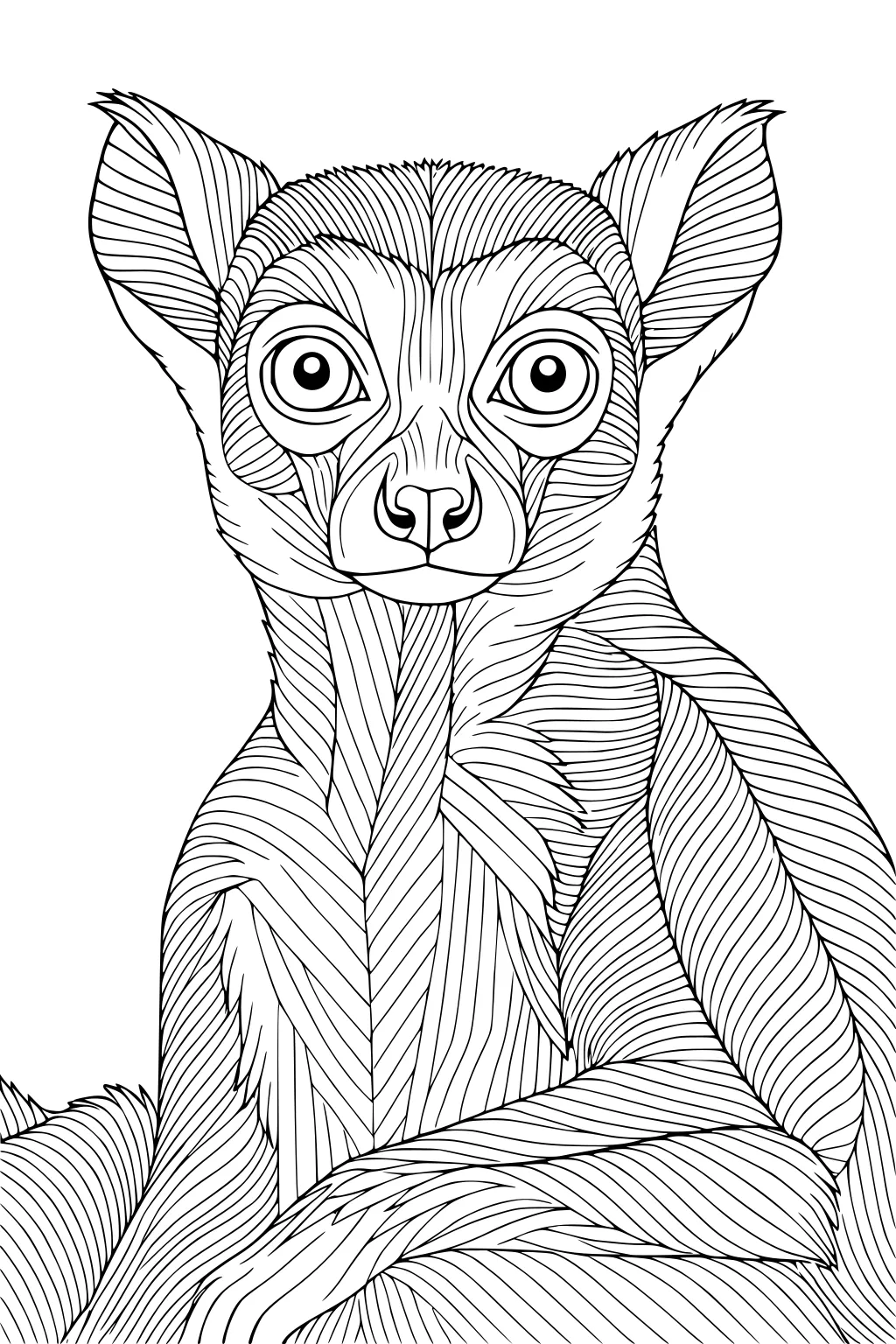 Line drawing of a lemur with big eyes and striped fur, sitting upright with large ears and a fluffy body.