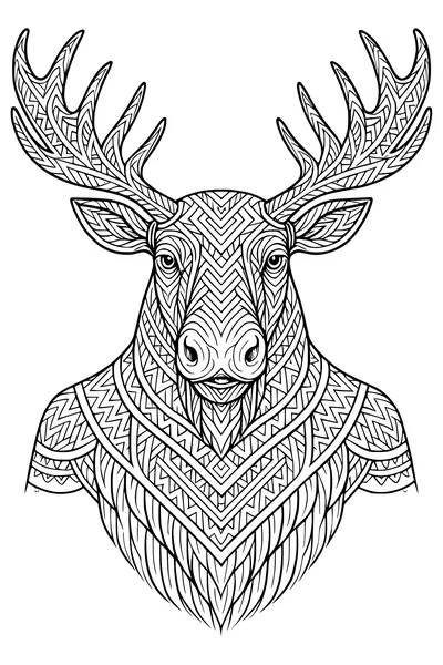 Free Moose Coloring Page - Geometric Antlers and Bold Patterns (Printable PDF)