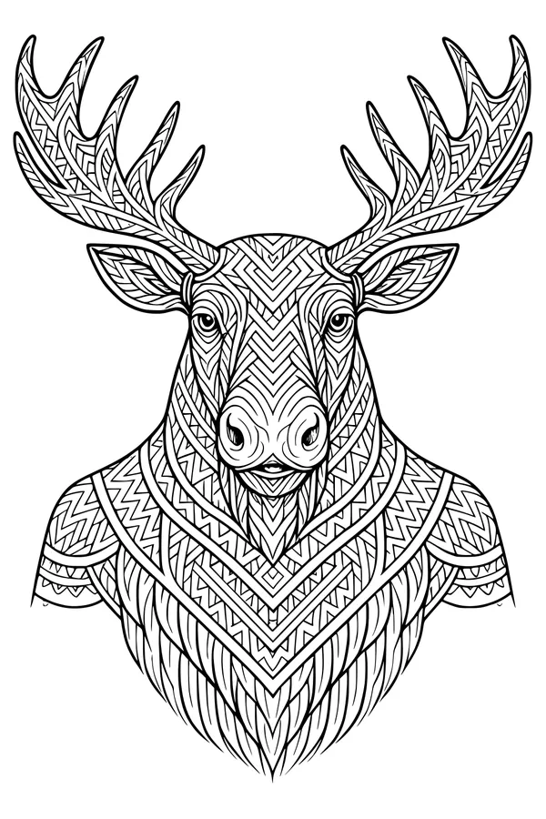 Free Moose Coloring Page - Geometric Antlers and Bold Patterns (Printable PDF)
