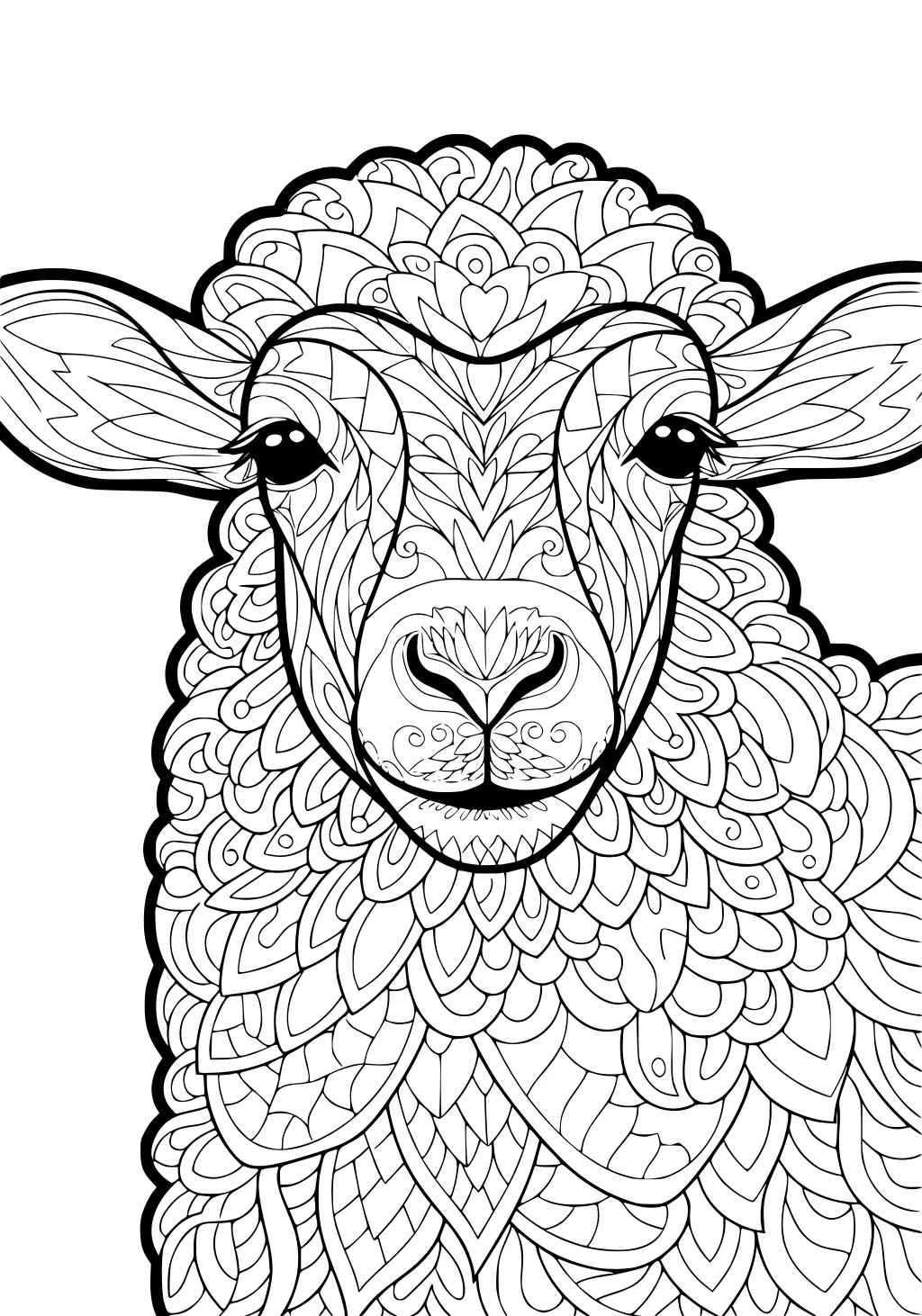 Black and white drawing of a sheep with patterned wool, big eyes, and swirly decorative lines over its face and ears.