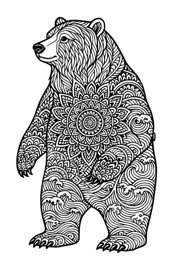 Free Bear Coloring Page - Intricate Mandala Forest Design (Printable PDF)