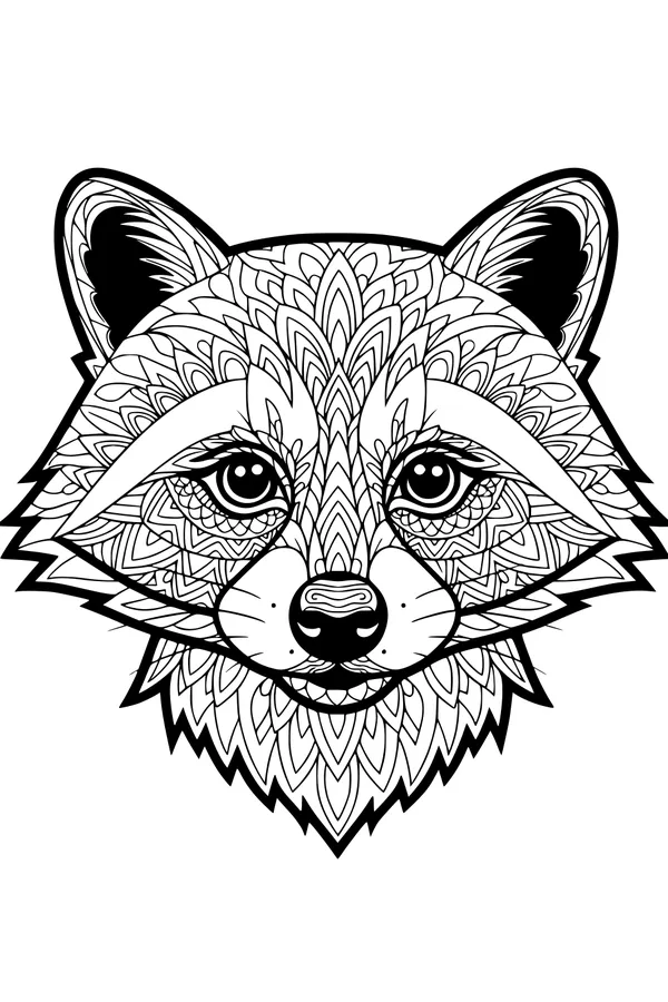 Free Raccoon Coloring Page - Intricate Front View Raccoon Head (Printable PDF)