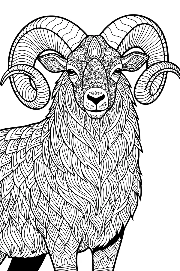 Free Ram Coloring Page - Majestic Spiral Horns and Patterned Wool (Printable PDF)