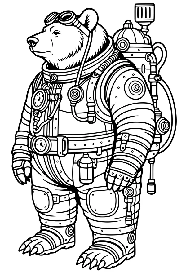 Free Bear Coloring Page - Bruno in a Detailed Space Suit (Printable PDF)