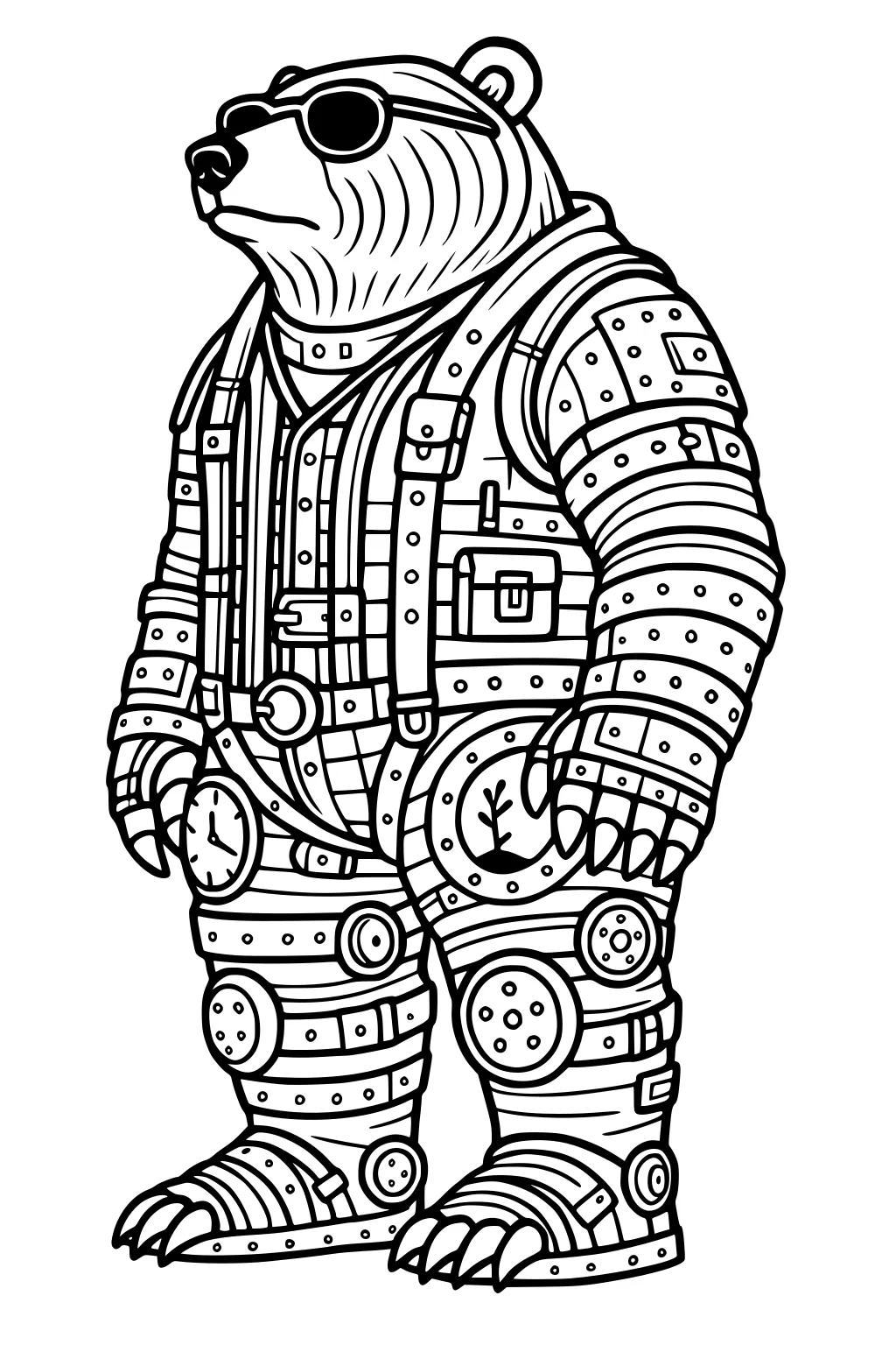 Bear standing upright in sunglasses and a detailed suit of belts, buttons, clocks, and gadgets.