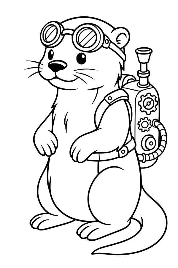 Free Otter Coloring Page - Steampunk Goggles and Gear Backpack (Printable PDF)