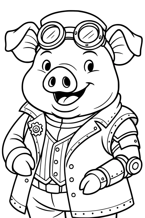 Free Pig Coloring Page - Steampunk Pig With Goggles and Mechanical Arm (Printable PDF)