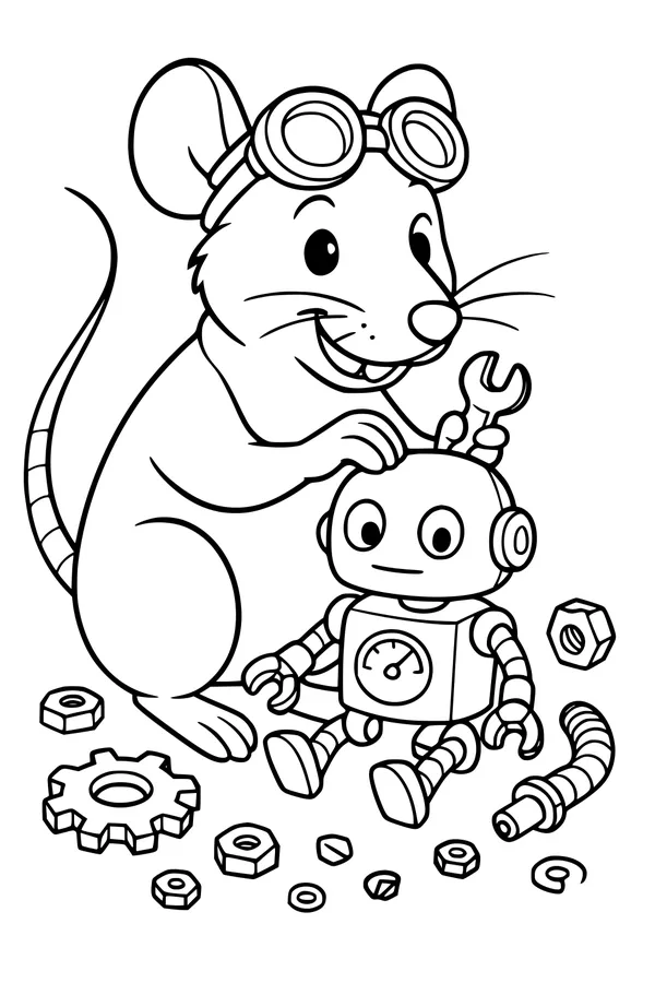 Free Rat Coloring Page - Inventor Rat Fixing a Robot (Printable PDF)