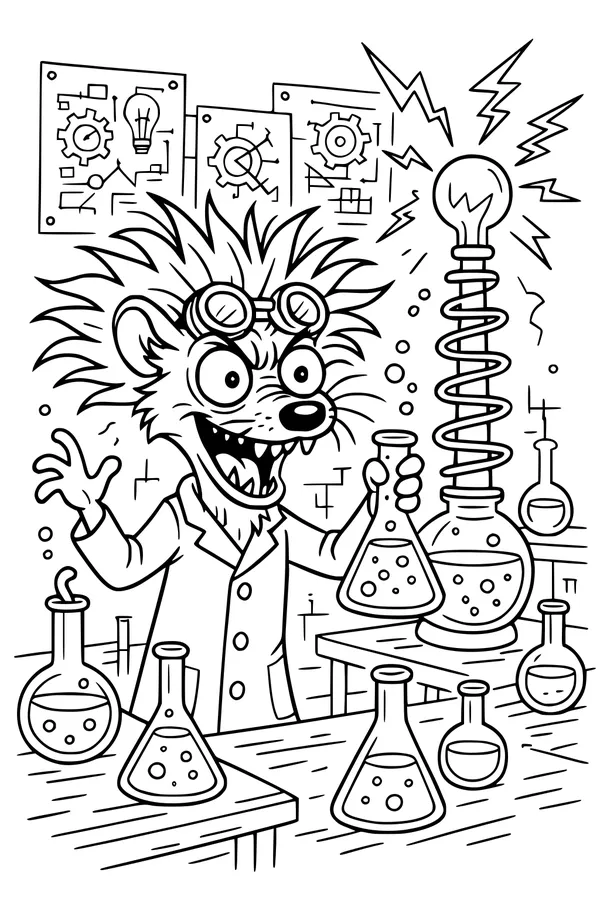 Free Weasel Coloring Page - Funny Scientist in Sparking Laboratory (Printable PDF)