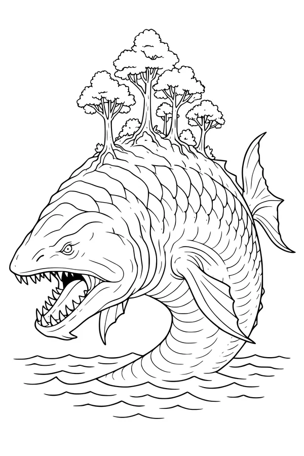 Free Kraken Coloring Page - Island Forest on Its Back (Printable PDF)