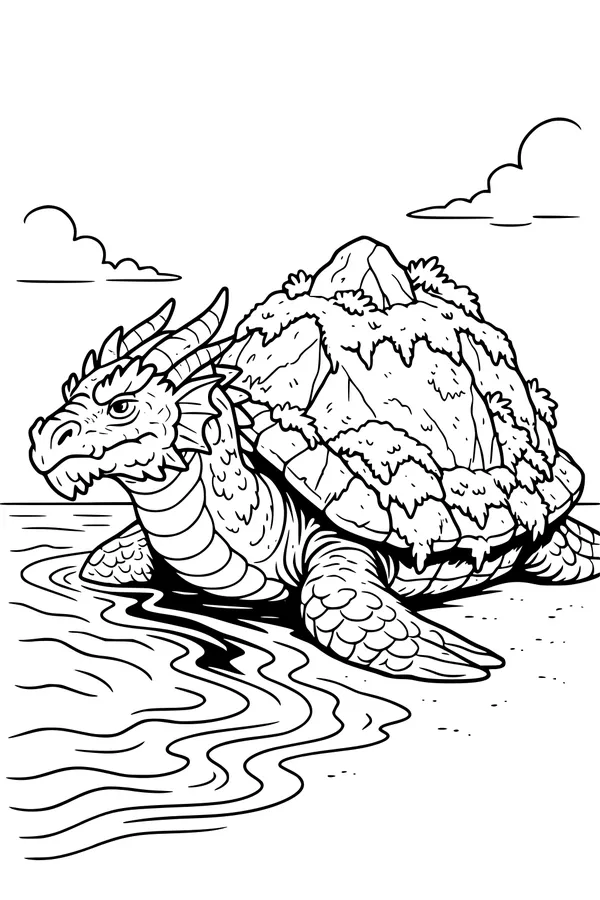 Free Dragon Turtle Coloring Page - Island-Back Beast at the Shore (Printable PDF)