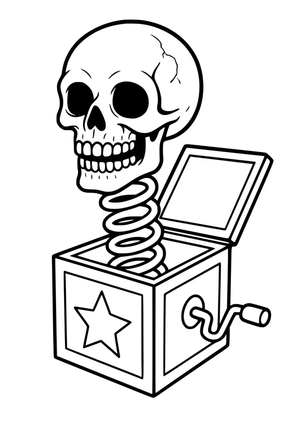 Free Halloween Jack-in-the-Box Coloring Page - Grinning Skull Toy (Printable PDF)
