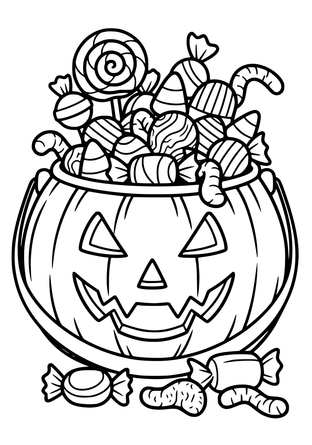 Jack-o'-lantern bucket full of candy: lollipops, candy corn, wrapped treats, and gummy worms, with a few pieces on the ground.