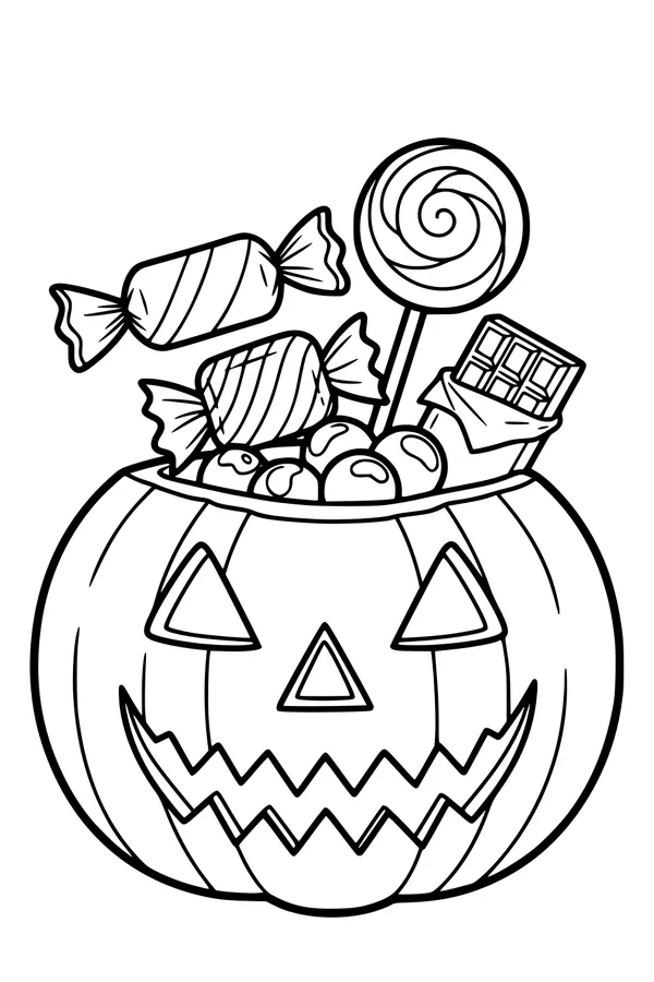 Free Jack O Lantern Coloring Page - Pumpkin Candy Bucket Haul (Printable PDF)