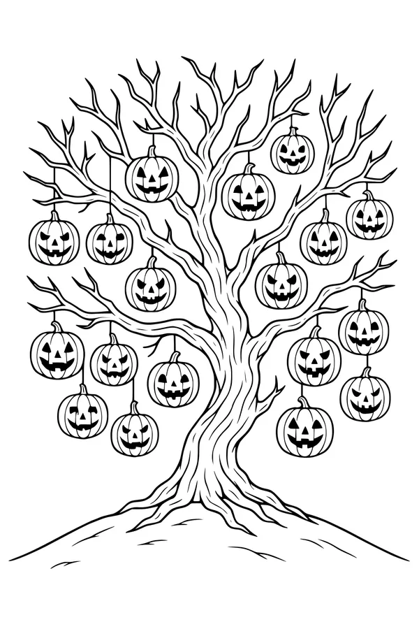 Free Jack-o-Lantern Tree Coloring Page - Spooky Pumpkins Hanging on a Hill (Printable PDF)