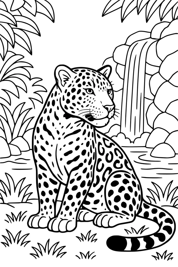 Free Jaguar Coloring Page - Jungle Waterfall Scene (Printable PDF)