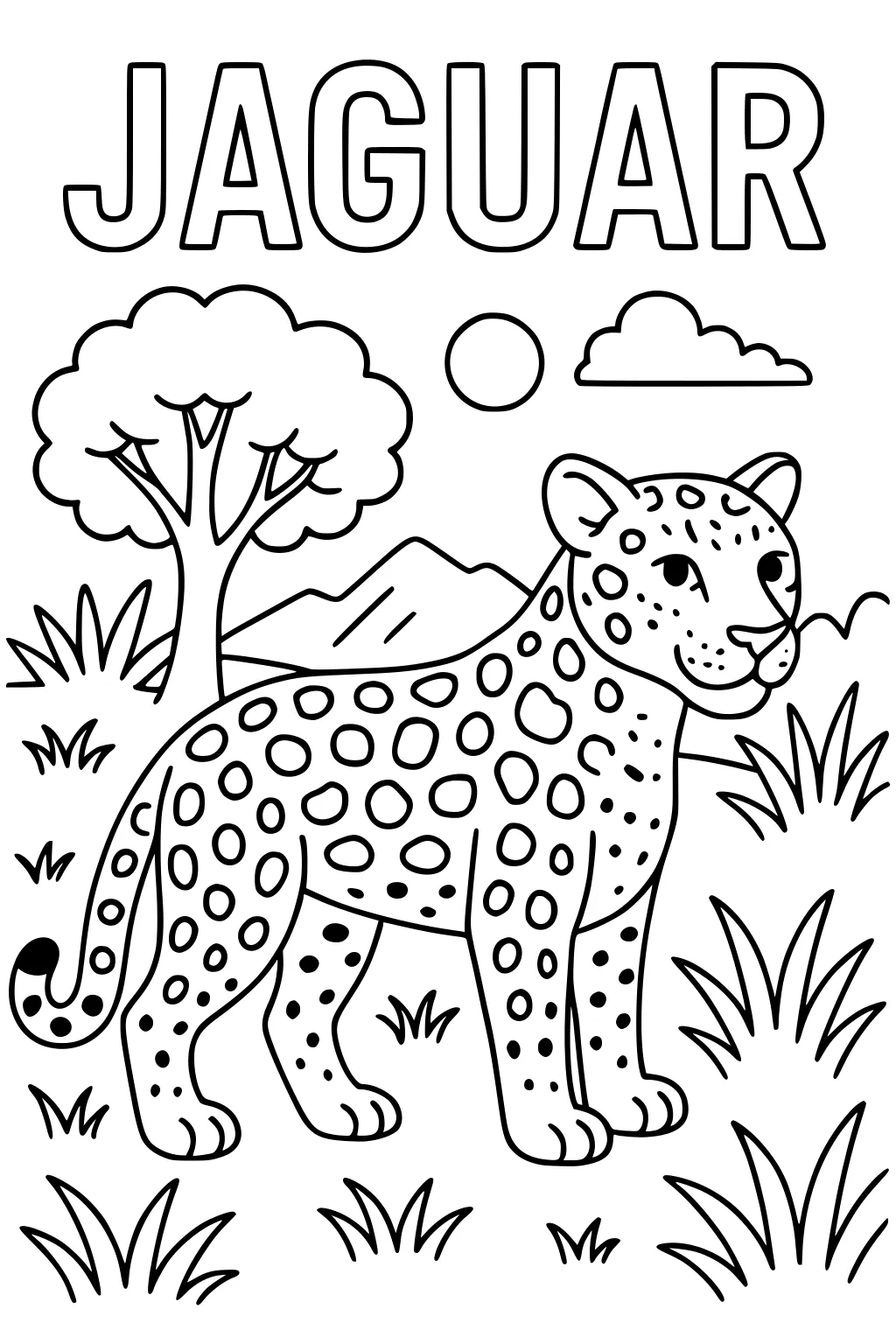 Jaguar with spots standing in grass. Tree, mountains, sun, and cloud in background. Large JAGUAR text above.