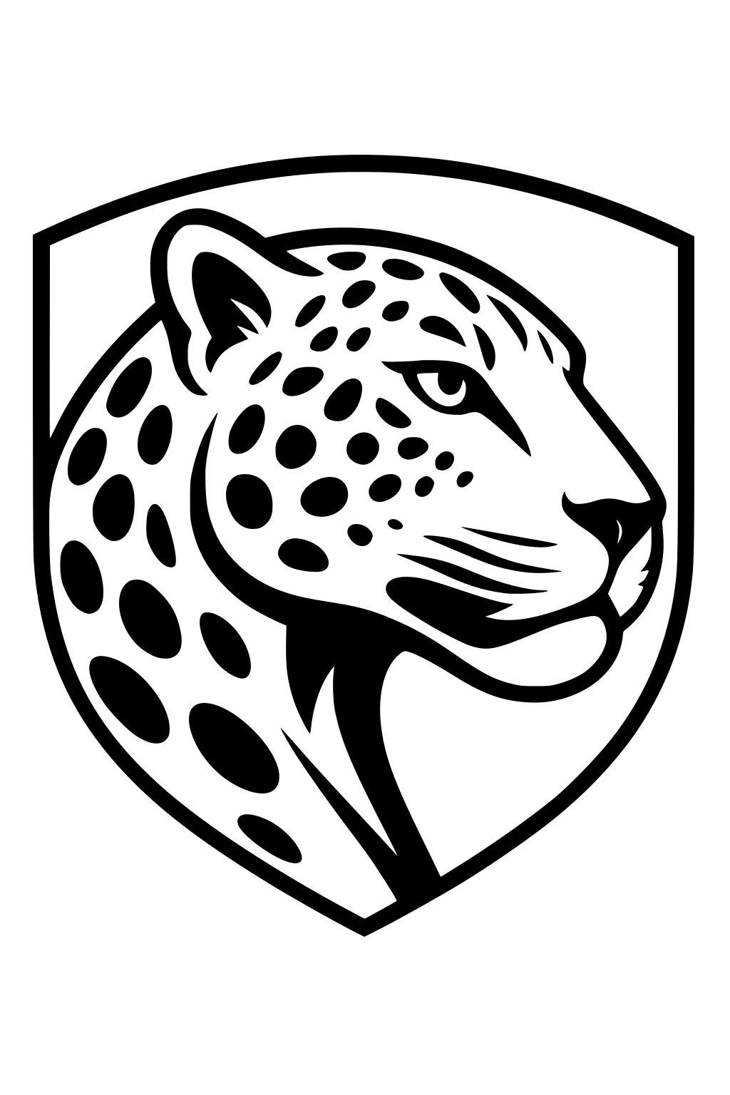 Jaguar head in profile with black spots, framed inside a simple outline of a shield.