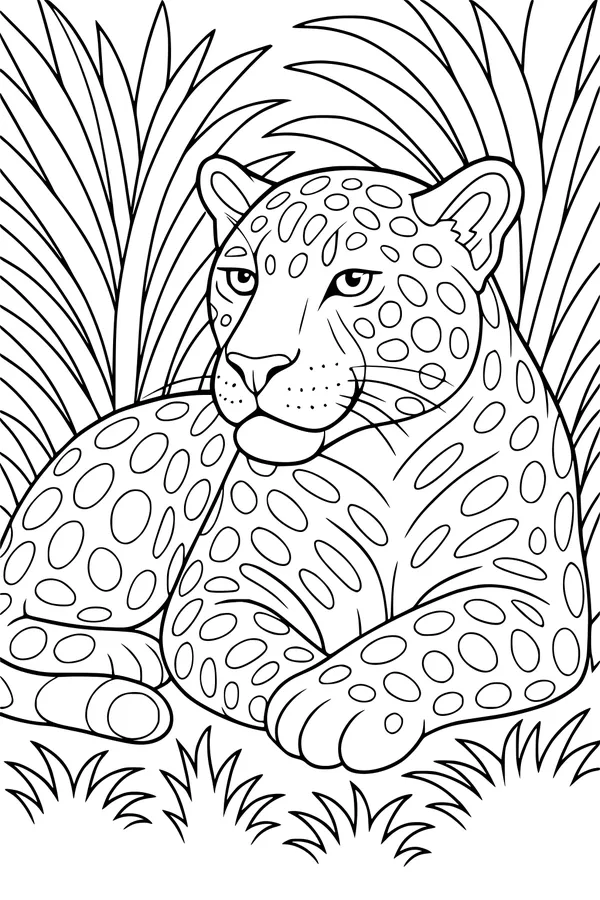 Free Jaguar Coloring Page - Spotted Big Cat Resting in Tall Grass (Printable PDF)