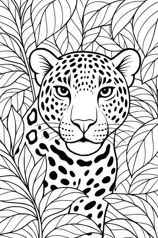 Free Jaguar Coloring Page - Spotted Big Cat in Jungle Leaves (Printable PDF)