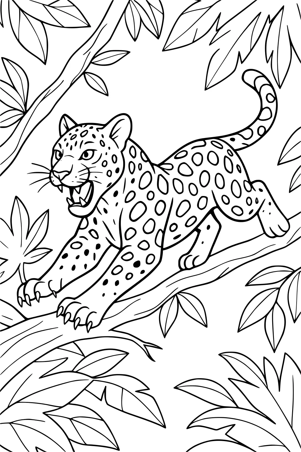 Jaguar with open mouth prowling on a branch surrounded by large leaves