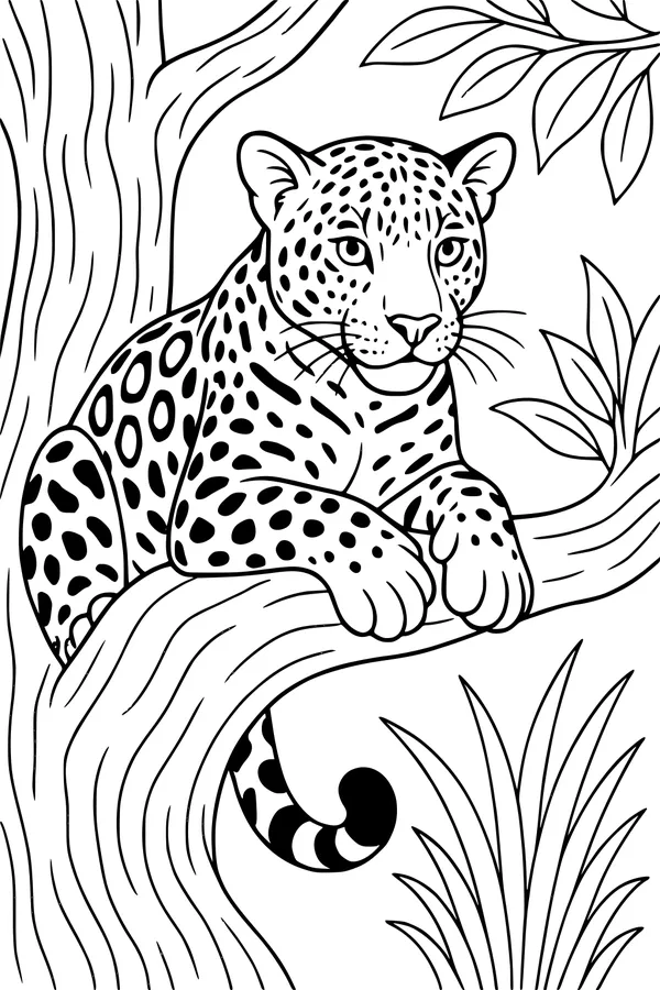 Free Jaguar Coloring Page - Spotted Cub Napping in Jungle Tree (Printable PDF)