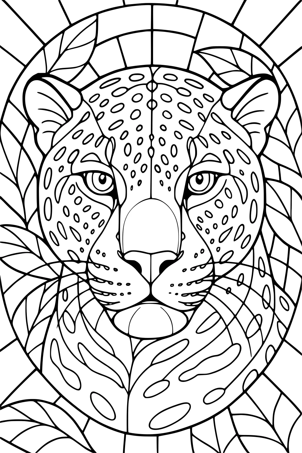 Jaguar face with detailed spots and leaves in a stained-glass pattern, straight-on view, strong lines and bold shapes.