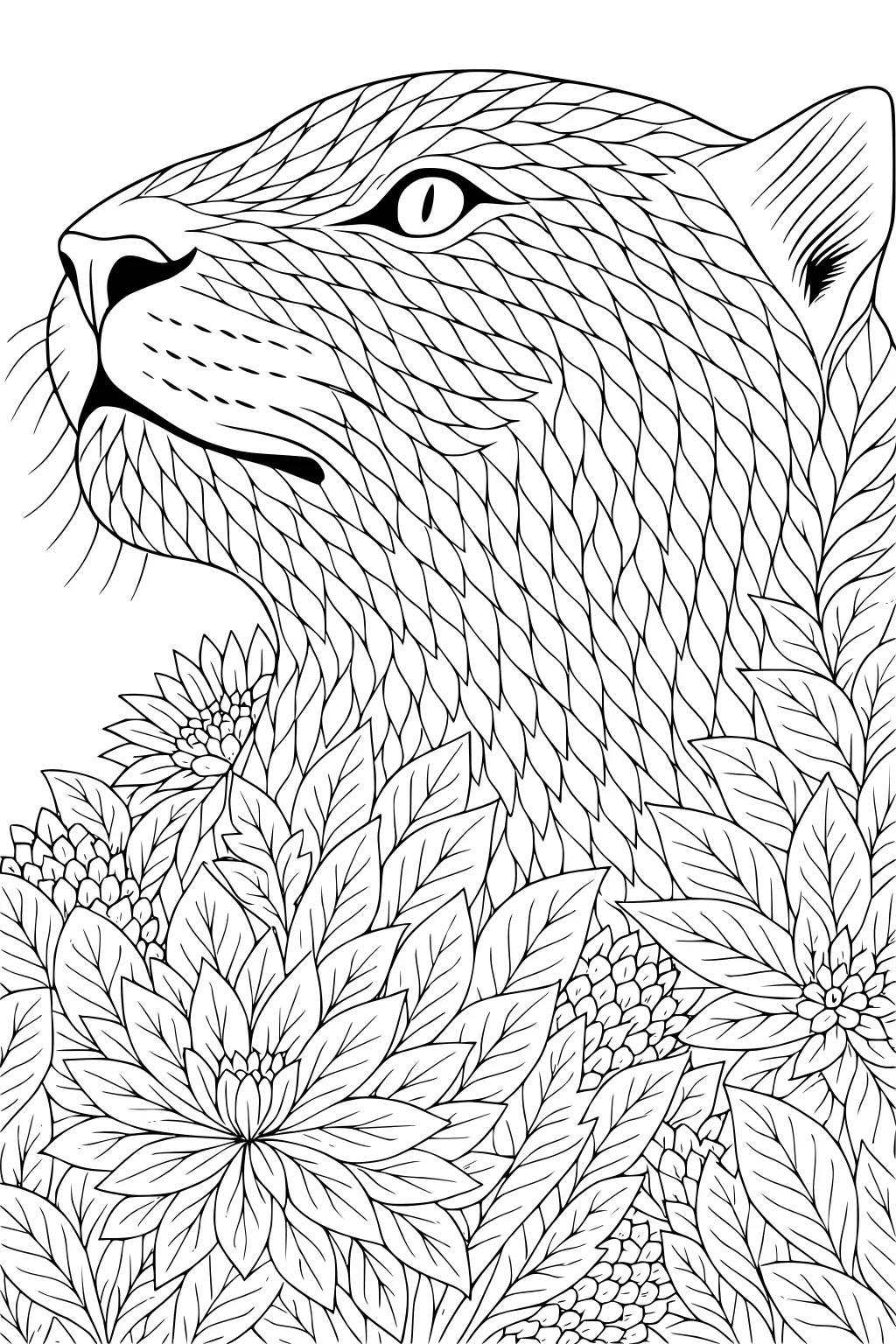 Jaguar head with stylized fur, surrounded by big flowers and leaves.