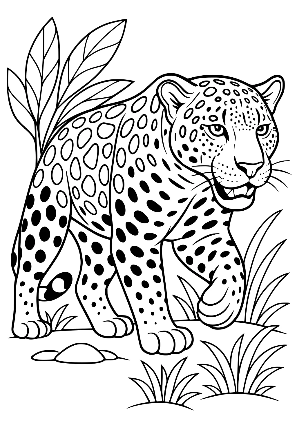 Jaguar with spotted fur walking in grass near jungle leaves, mouth open and tail curled behind.