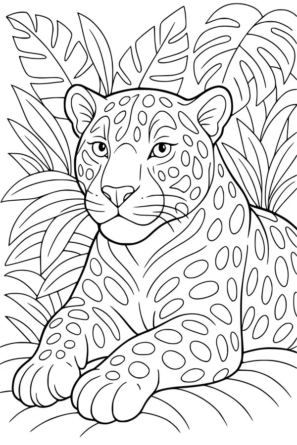 Free Jaguar Coloring Page - Spotted Big Cat Resting in Jungle (Printable PDF)