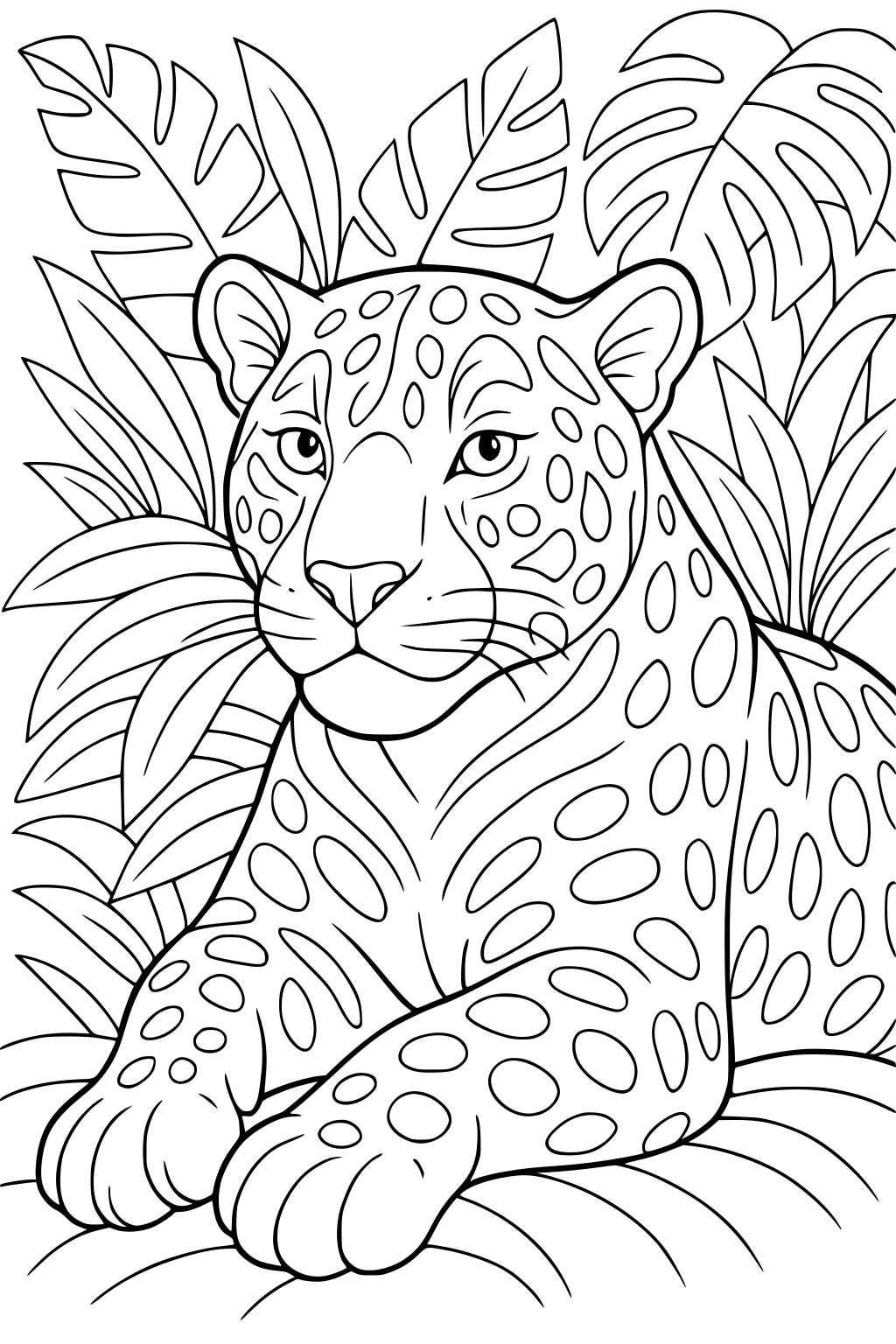 Jaguar with spotted fur resting on leafy ground, surrounded by large tropical jungle leaves.