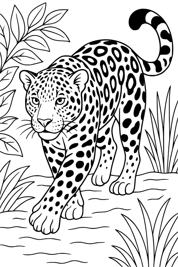 Free Jaguar Coloring Page - Spotted Jungle Panther Walking (Printable PDF)