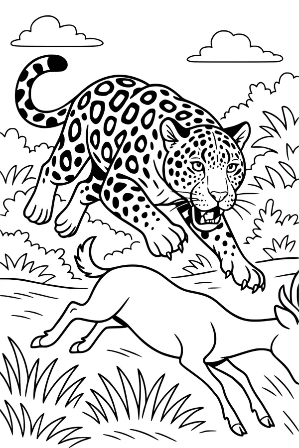 Free Jaguar Coloring Page - Panther Chasing Deer in Jungle Grass (Printable PDF)