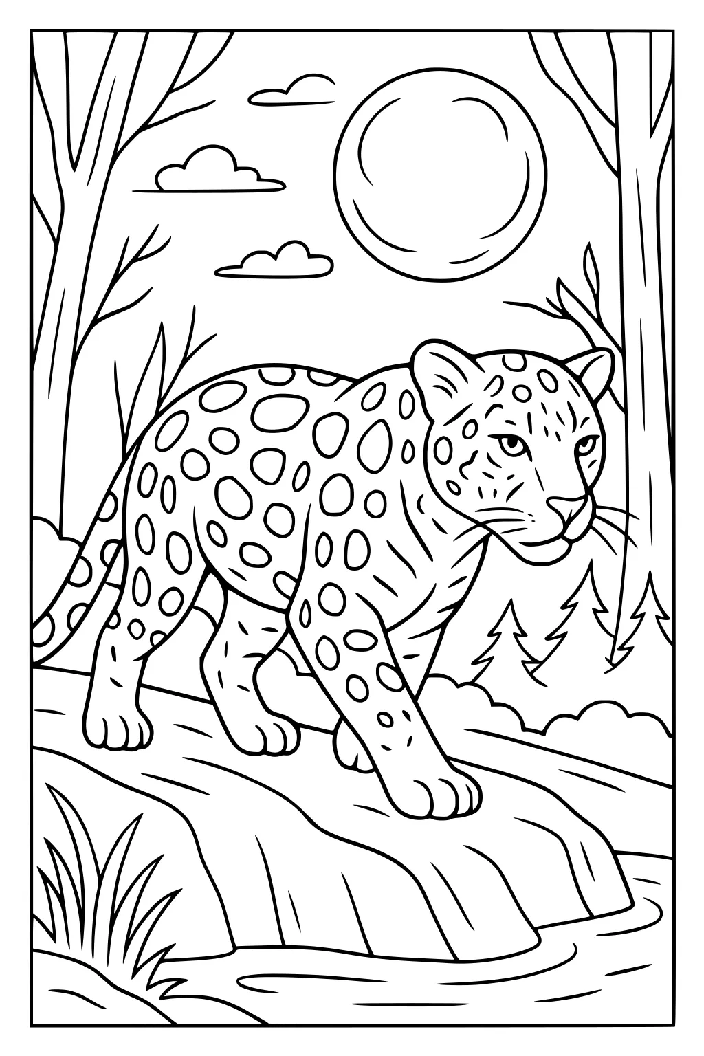 Jaguar with spots walks on a river rock under full moon, surrounded by trees, grass, and clouds.