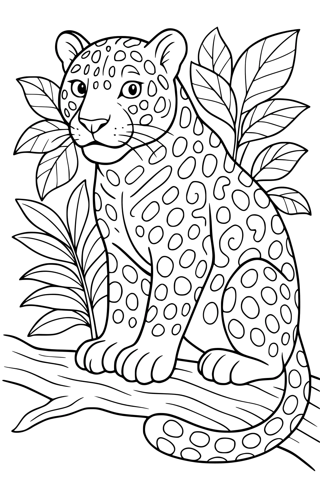 Jaguar with spotted fur sitting on a tree branch, surrounded by large tropical leaves.
