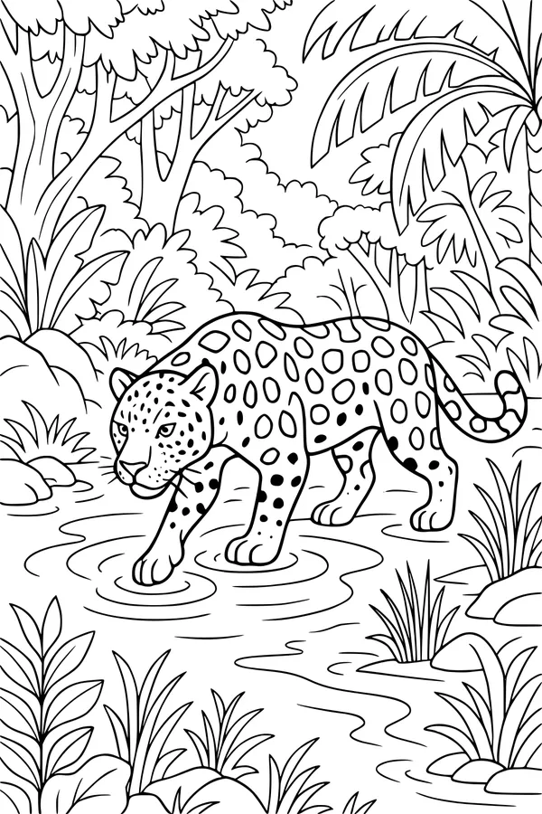 Free Jaguar Coloring Page - Walking Through Rainforest Stream (Printable PDF)