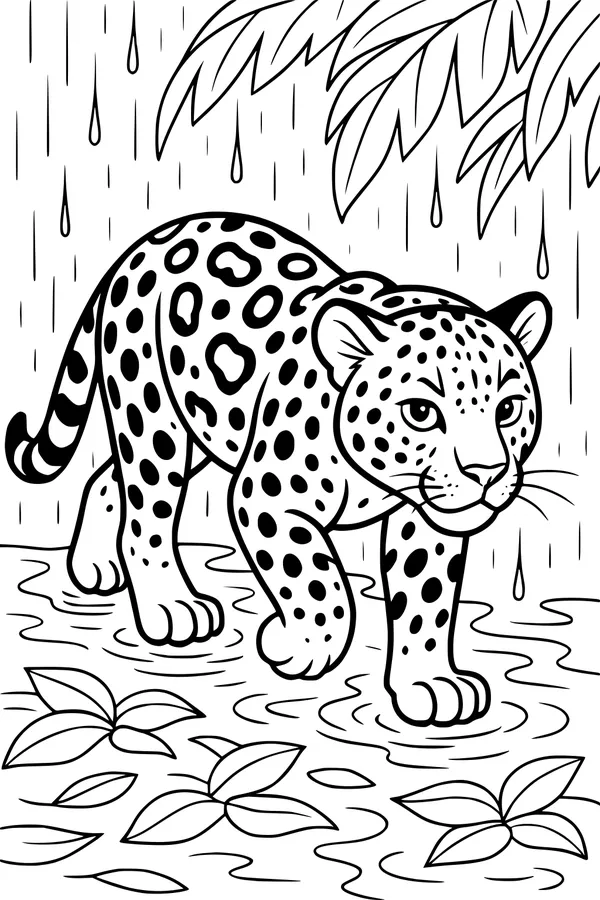 Free Jaguar Coloring Page - Young Big Cat in Rainy Jungle Puddle (Printable PDF)