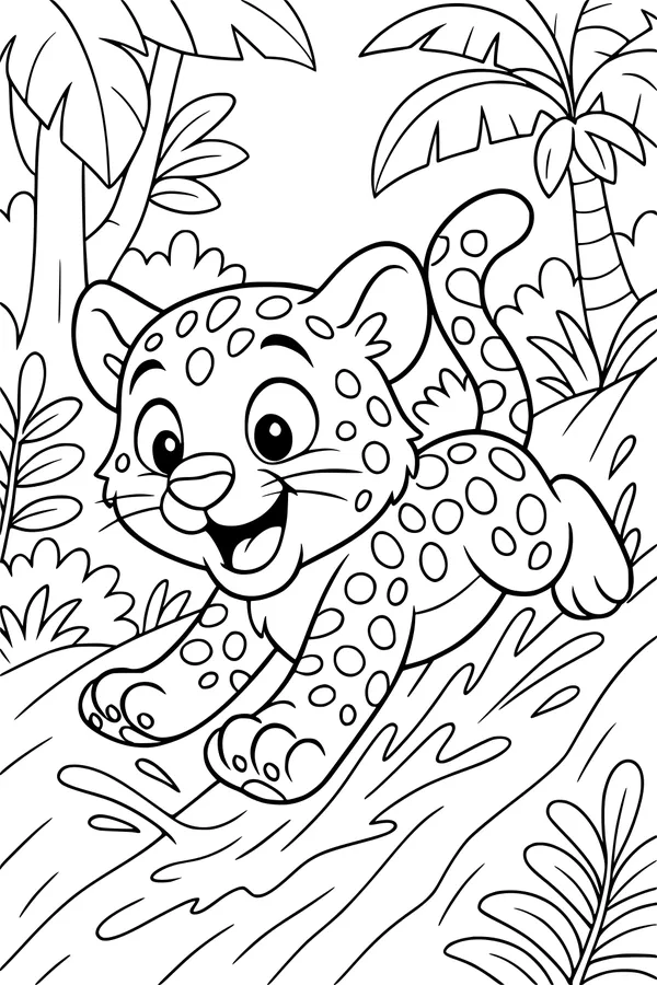 Free Jaguar Cub Coloring Page - Running Through Jungle Puddle (Printable PDF)
